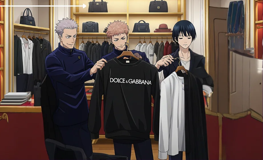 Proposed anime boutique scene integrating the apparel into a character moment